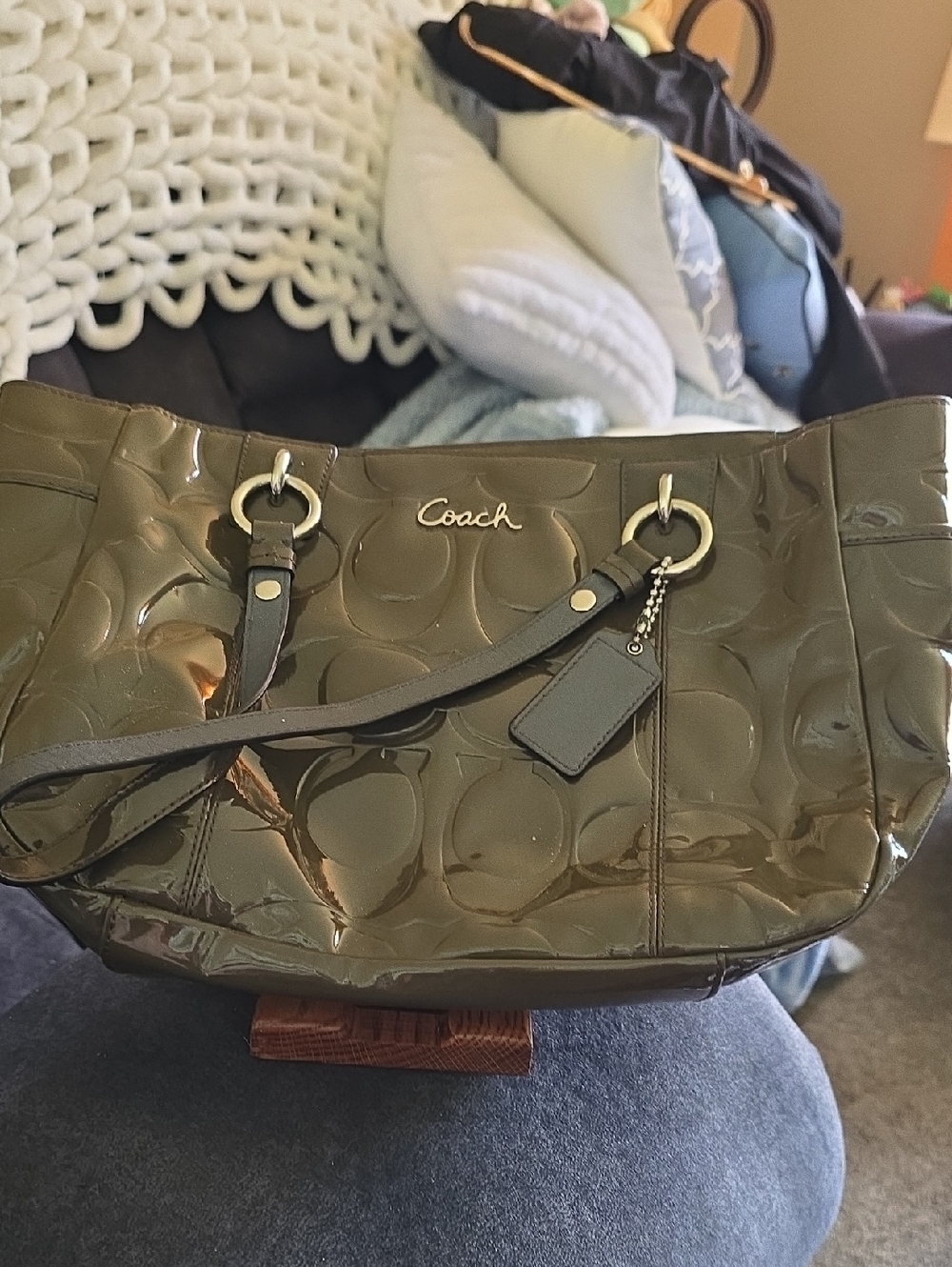 Coach Olive Green Patent Leather Shoulder Vintage East/West Tote